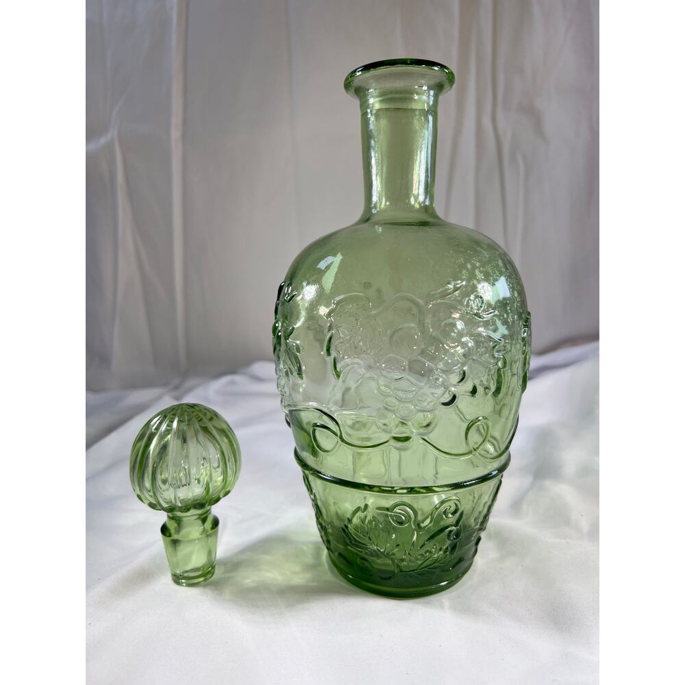 Light Green Glass Wine Bottle & Stopper MCM Vineyard Pattern Embossed Decanter